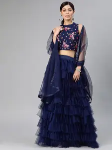 DIVASTRI Navy Blue Semi-Stitched Ruffled Lehenga & Blouse with Dupatta