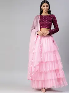 DIVASTRI Pink & Burgundy Woven-Design Semi-Stitched Lehenga with Unstitched Choli