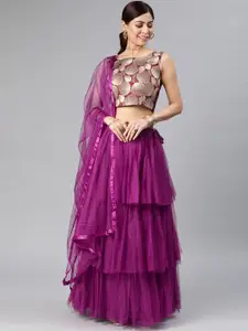 DIVASTRI Purple Embroidered Semi-Stitched Tiered Lehenga & Unstitched Blouse with Dupatta