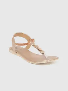 Padvesh Women Rose Gold-Toned Solid T-Strap Flats