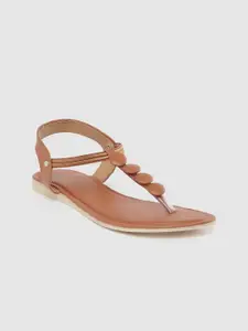 Padvesh Women Tan Brown Solid T-Strap Flats with Button Detail