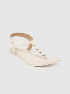 Padvesh Women Off-White Solid T-Strap Flats with Button Detail
