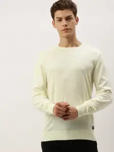 Flying Machine Men Cream-Coloured Solid Pullover Sweater
