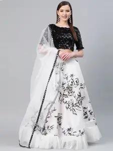 SHUBHKALA White & Black Embellished Semi-Stitched Lehenga & Unstitched Blouse with Dupatta