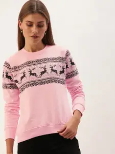 The Dry State Women Pink & Black Tribal Printed Pullover Sweatshirt