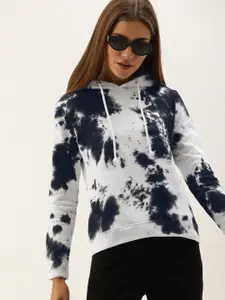 The Dry State Women White & Navy Blue Tie & Dye Hooded Pullover Sweatshirt