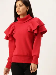 The Dry State Women Red Solid Pullover Sweatshirt with Frills