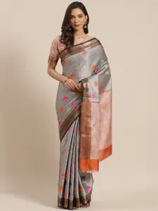 Blissta Silver & Orange Zari Woven Design Banarasi Saree