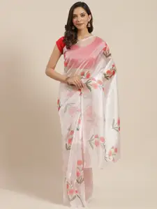 Mitera Off-White & Red Organza Floral Print Celebrity Saree