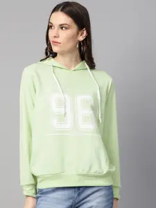 plusS Women Lime Green & White Alphanumeric Print Hooded Sweatshirt