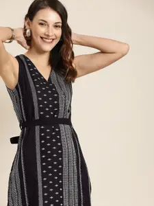 Taavi Women Black & White Woven Legacy Self Design Pure Cotton Wrap Dress