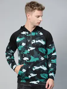 Alcis Men Navy Blue & Black Camouflage Printed Hooded Sweatshirt