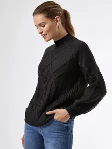 DOROTHY PERKINS Women Black Cable Knit Self-Design Pullover Sweater
