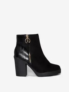 DOROTHY PERKINS Women Black Solid Mid-Top Wide Heeled Boots with Croc Textured Detail