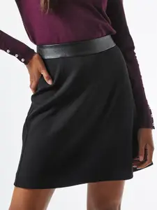 DOROTHY PERKINS Women Black Solid PU Trim Detail Mini A-Line Skirt