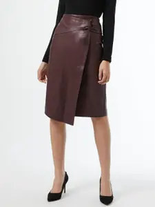DOROTHY PERKINS Women Coffee Brown Solid Knee Length Wrap Skirt with Knot Detail