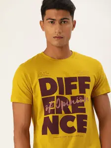 Difference of Opinion Men Mustard Printed Round Neck Pure Cotton T-shirt