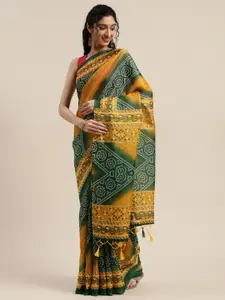 Rajnandini Green & Yellow Cotton Blend Bandhani Printed Kota Saree