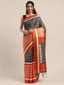 Rajnandini Orange & Black Silk Blend Printed Saree