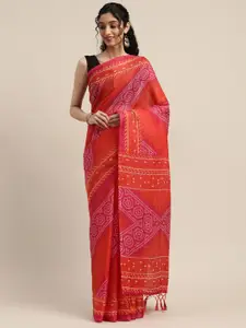 Rajnandini Pink & Orange Cotton Blend Bandhani Printed Kota Saree