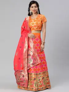 flaher Orange & Pink Woven Design Semi-Stitched Lehenga & Unstitched Blouse with Dupatta
