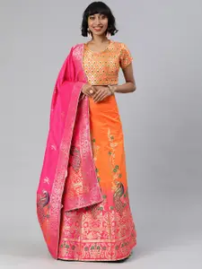 flaher Orange & Pink Woven Design Semi-Stitched Lehenga & Unstitched Blouse with Dupatta