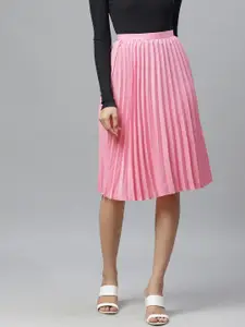 Ives Women Pink Solid Accordion Pleated Flared Skirt