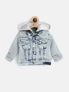 Gini and Jony Boys Blue Solid Denim Jacket With Detachable Hood & Applique Detail