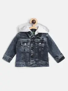 Gini and Jony Boys Navy Blue Solid Denim Jacket With Detachable Hood & Applique Detail