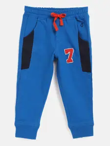 Gini and Jony Boys Blue Solid Pure Cotton Joggers with Applique Detail