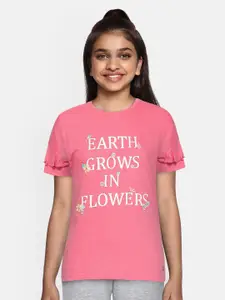 Gini and Jony Girls Pink & White Typography Print Pure Cotton  Top with Embroidered Detail