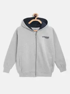 Gini and Jony Boys Grey Melange Alphanumeric Back Printed Hooded Sweatshirt