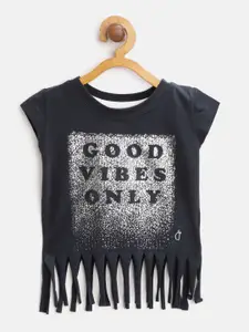 Gini and Jony Girls Navy Blue & Silver Typography Printed Top with Fringed Detail