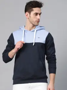 Park Avenue Men Blue Colourblocked Slim Fit Hooded Sweatshirt