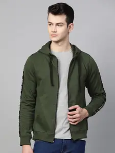 Park Avenue Men Olive Green Solid Hooded Sweatshirt with Side Taping