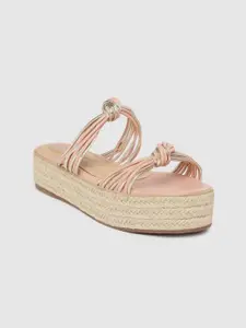Lavie Women Peach-Coloured & Gold-Toned Solid Flatform Heels with Knot Detail