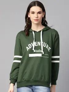 plusS Women Olive Green & White Typography Print Hooded Sweatshirt