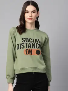 plusS  Women Olive Green & Black Typograpgy Print Sweatshirt