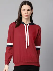 plusS  Women Red Solid Hooded Sweatshirt