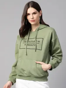 plusS Women Green & Black Printed Hooded Sweatshirt
