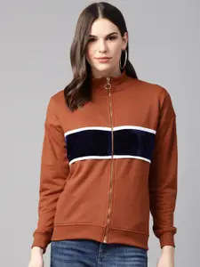 plusS Women Rust Brown & Navy Blue Colourblocked Sweatshirt