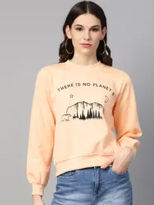 plusS Women Peach-Coloured & Black Typography Print Sweatshirt