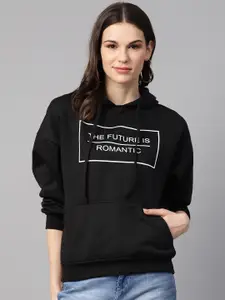 plusS  Women Black Typography Print Hooded Sweatshirt with Printed Detail