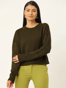 20Dresses Women Olive Green Solid Pullover Sweater