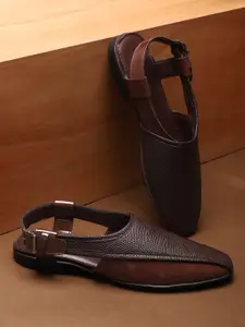 House of Pataudi Men Coffee Brown Textured Shoe-Style Sandals