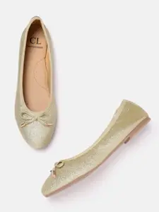 Carlton London Women Gold-Toned Shimmer Ballerinas with Bow Detail