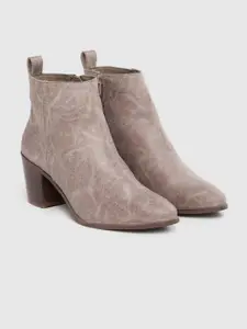 Carlton London Women Brown & Beige Solid Mid-Top Heeled Boots