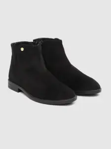 Carlton London Women Black Solid Mid-Top Flat Boots