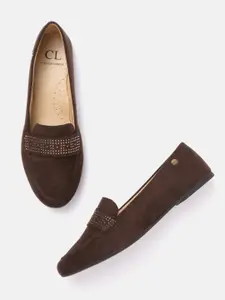 Carlton London Women Coffee Brown Suede Finish Solid Penny Loafers with Embellished Detail