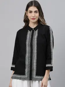 Global Desi Black & White Striped Regular Shirt Style Top